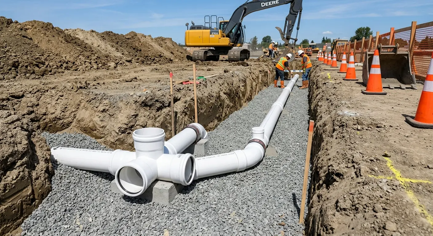 New PVC sewer pipe installation in open trench for Sewer Backup in Crown Point