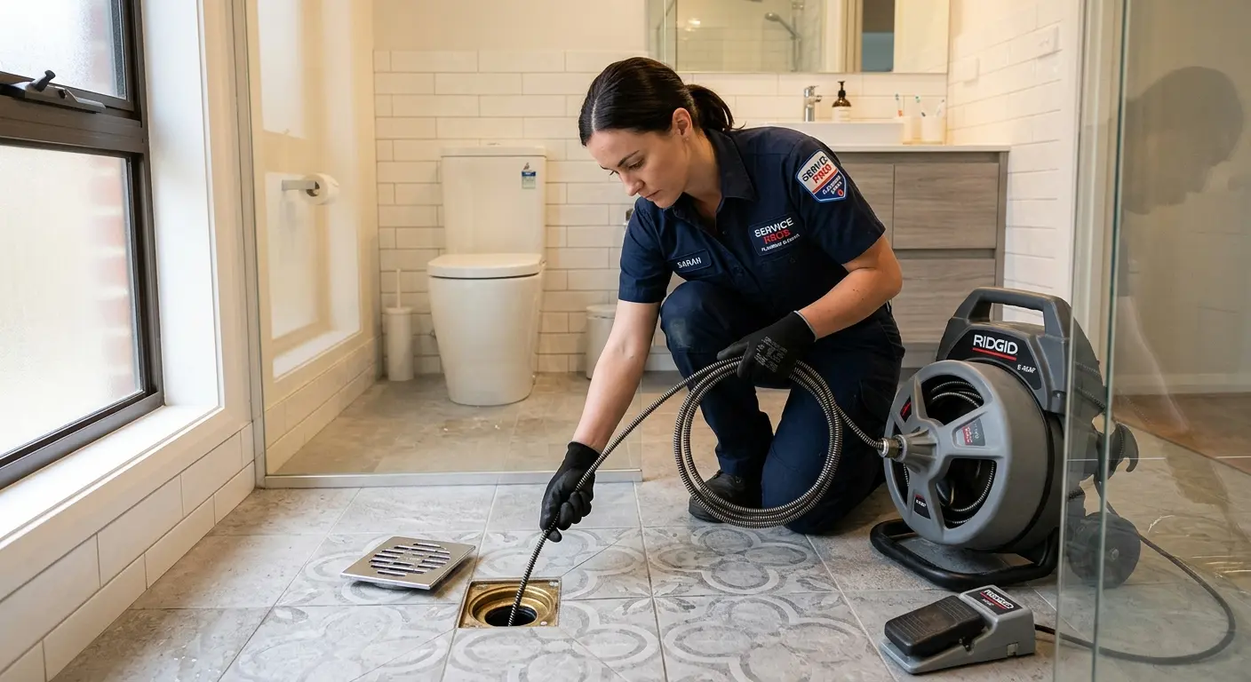 Technician clearing a bathroom floor drain for Drain Cleaning in Crown Point